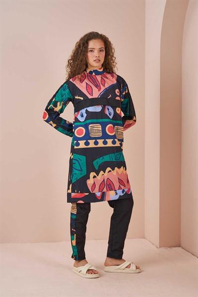 Oyun Desen Tesettür Mayo Uzun Siyah