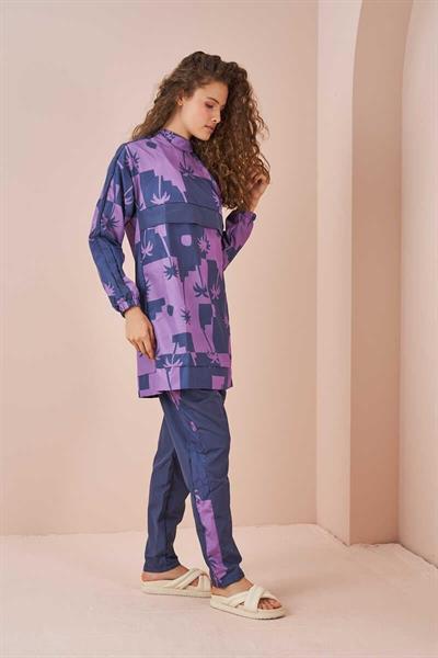 Palmiye Desen Tesettür Mayo Kısa İndigo