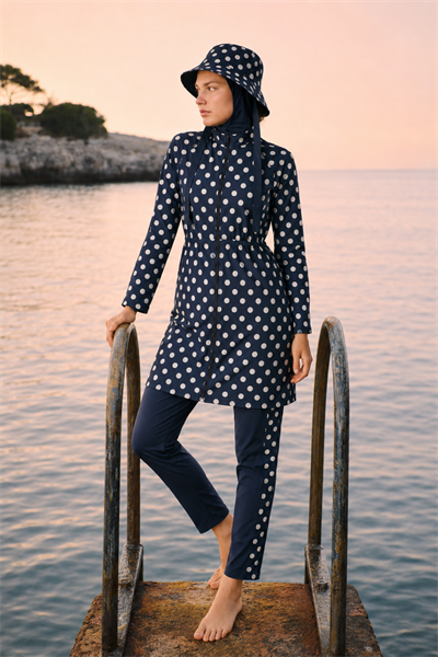 PEARL DOT | Beyaz Puantiyeli Lacivert Stoperli Tesettür Mayo 5 li Set