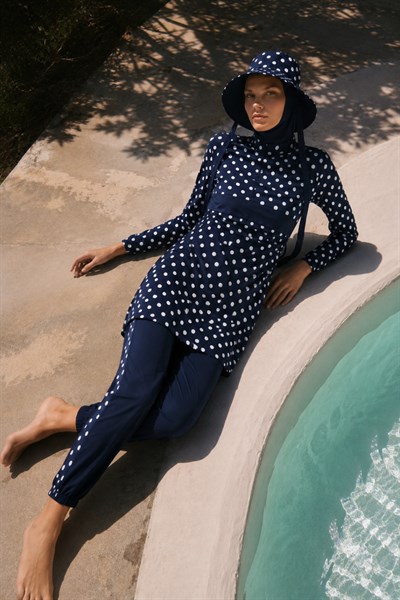 PEARL DOT | Beyaz Puantiyeli Lacivert Tesettür Mayo 5 li Set