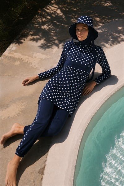 PEARL DOT | Beyaz Puantiyeli Lacivert Tesettür Mayo 5 li Set