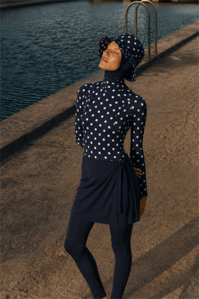 PEARL DOT | Beyaz Puantiyeli Lacivert Yüzücü Tesettür Mayo 5 li Set