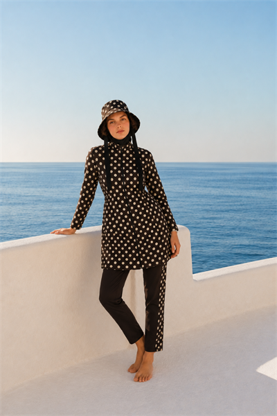 PEARL DOT | Butter Yellow Puantiyeli Kahve Stoperli Tesettür Mayo 5 li Set