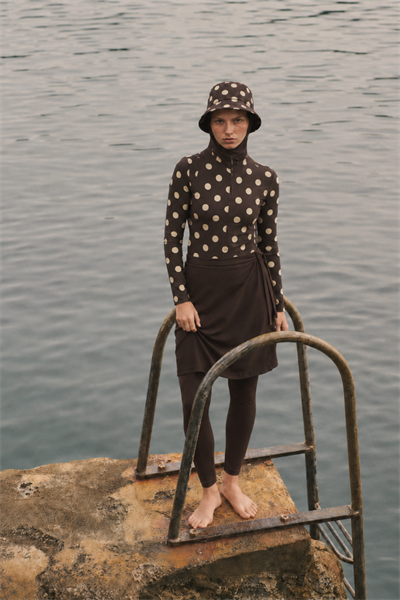 PEARL DOT | Butter Yellow Puantiyeli Kahve Yüzücü Tesettür Mayo 5 li Set