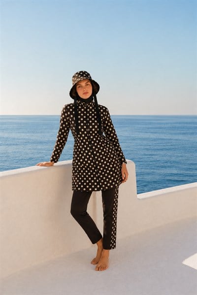 PEARL DOT | Butter Yellow Puantiyeli Kahve Stoperli Tesettür Mayo 5 li Set