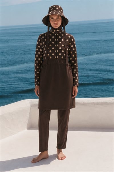 PEARL DOT |  Önden Yarım Fermuarlı Yanları Stoperli Butter Yellow Puantiyeli Kahve Tesettür Mayo 5 li Set