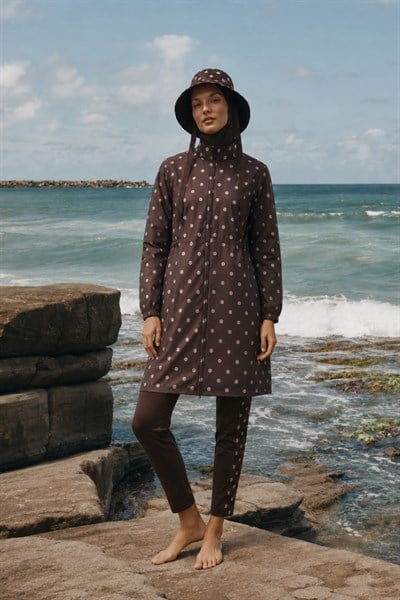 PEARL DOT | Pudra Puantiyeli Kahve Stoperli Tesettür Mayo 5 li Set