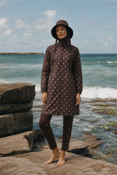 PEARL DOT | Pudra Puantiyeli Kahve Stoperli Tesettür Mayo 5 li Set