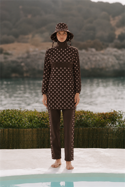 PEARL DOT | Pudra Puantiyeli Kahve Tesettür Mayo 5 li Set