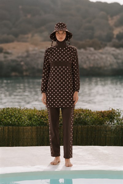 PEARL DOT | Pudra Puantiyeli Kahve Tesettür Mayo 5 li Set