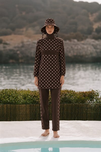 PEARL DOT | Pudra Puantiyeli Kahve Tesettür Mayo 5 li Set