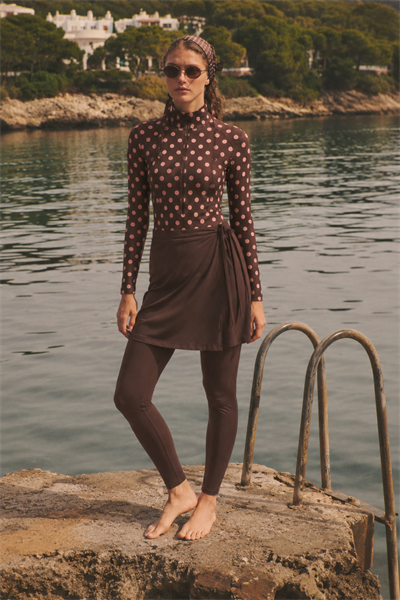PEARL DOT | Pudra Puantiyeli Kahve Yüzücü Tesettür Mayo 5 li Set