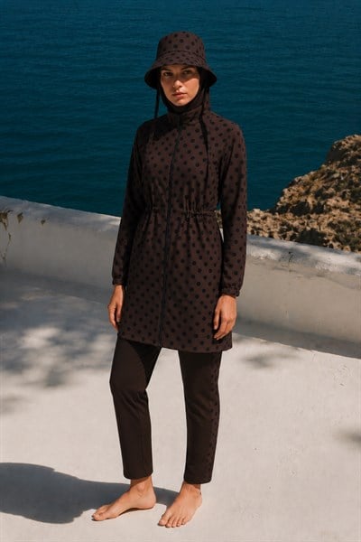 PEARL DOT | Siyah Puantiyeli Kahve Stoperli Tesettür Mayo 5 li Set