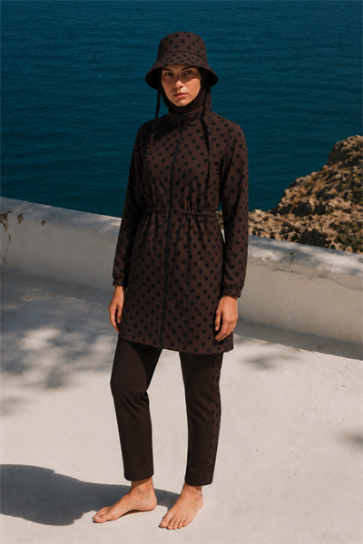 PEARL DOT | Siyah Puantiyeli Kahve Stoperli Tesettür Mayo 5 li Set