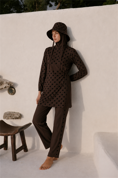 PEARL DOT | Siyah Puantiyeli Kahve Tesettür Mayo 5 li Set