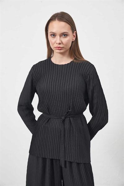 Pliseli Bluz Siyah