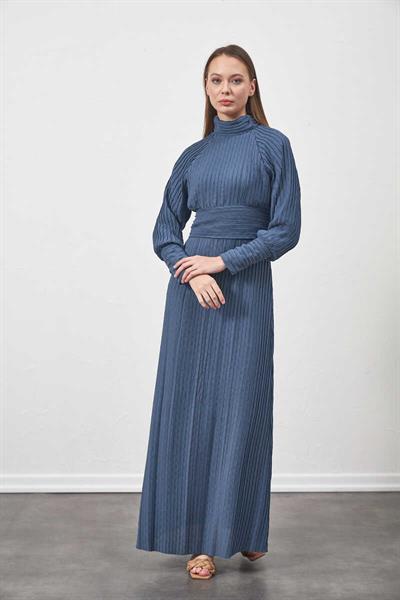 Pliseli Elbise İndigo