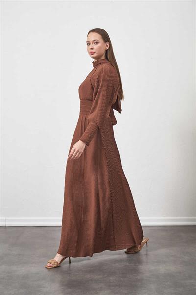 Pliseli Elbise Kahve