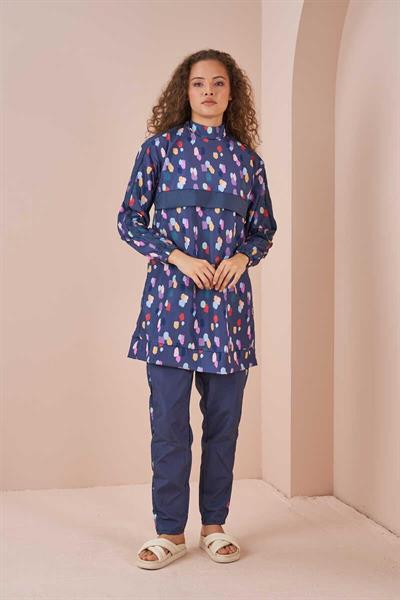 Puantiye Desen Tesettür Mayo Kısa İndigo