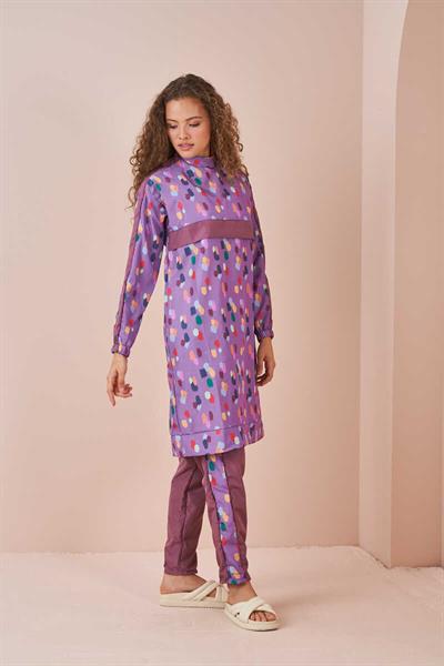Polkadot Pattern Covered Swimsuit Long Lilac