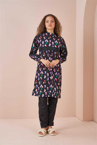Polkadot Pattern Covered Swimsuit Long Black