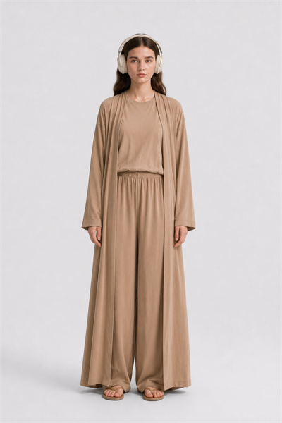 Relaxia | 3 lü Kimono Pantolon Tişört Takım Sütlü Kahve