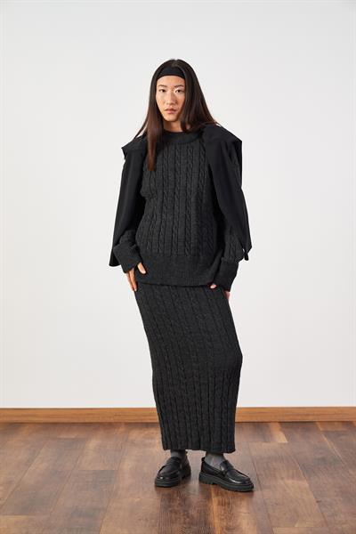 Saç Örgü Desenli Triko Etek Antrasit