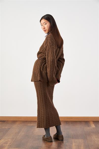 Saç Örgü Desenli Triko Etek Kahve