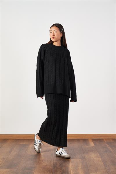 Saç Örgü Desenli Triko Etek Siyah