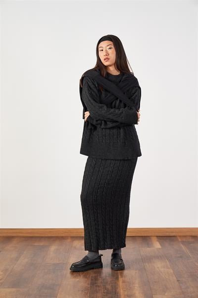 Saç Örgü Oversize Triko Kazak Antrasit