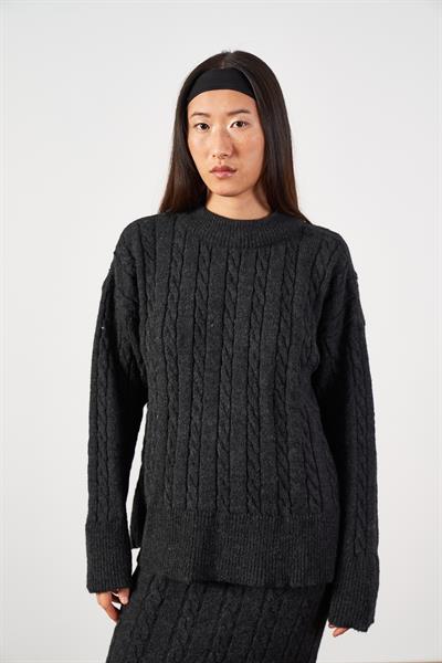 Saç Örgü Oversize Triko Kazak Antrasit