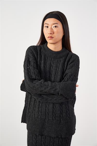 Saç Örgü Oversize Triko Kazak Antrasit