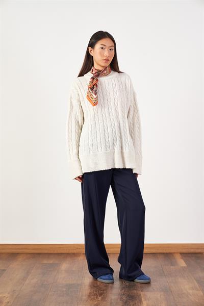 Saç Örgü Oversize Triko Kazak Ekru