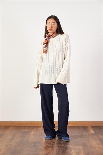 Saç Örgü Oversize Triko Kazak Ekru