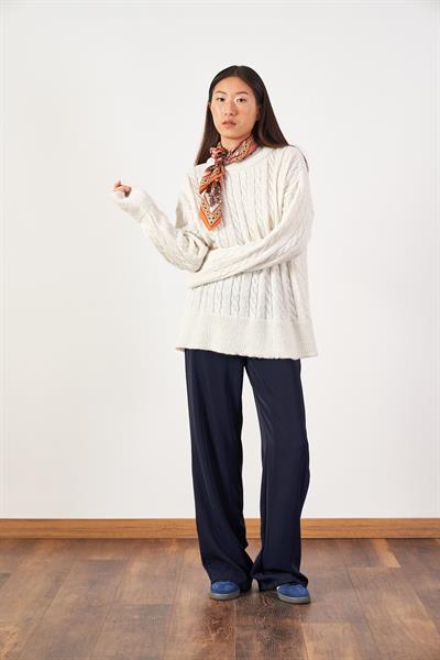 Saç Örgü Oversize Triko Kazak Ekru