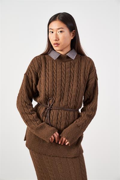 Saç Örgü Oversize Triko Kazak Kahve