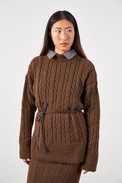 Saç Örgü Oversize Triko Kazak Kahve