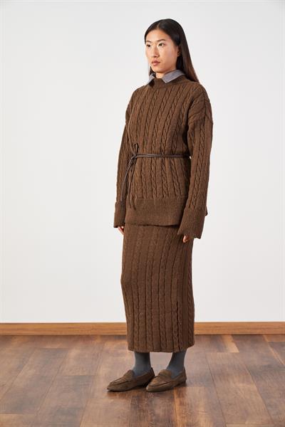 Saç Örgü Oversize Triko Kazak Kahve