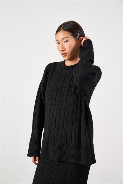 Saç Örgü Oversize Triko Kazak Siyah