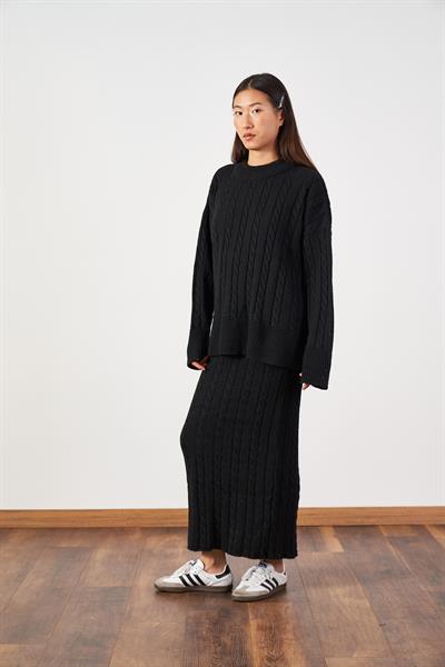 Saç Örgü Oversize Triko Kazak Siyah