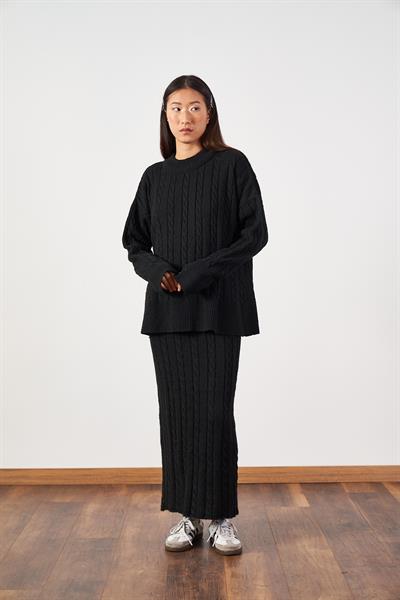 Saç Örgü Oversize Triko Kazak Siyah