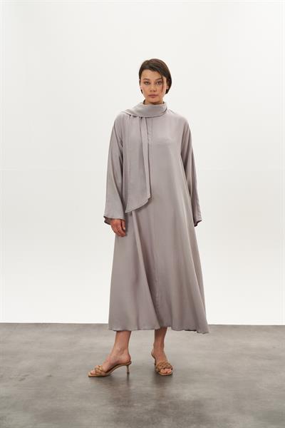 Şal  Yaka Ferace Elbise Açık Gri