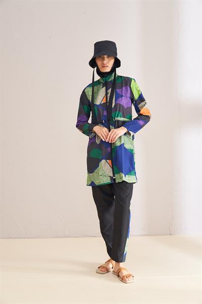 Stoperli Desenli Tesettür Mayo Siyah