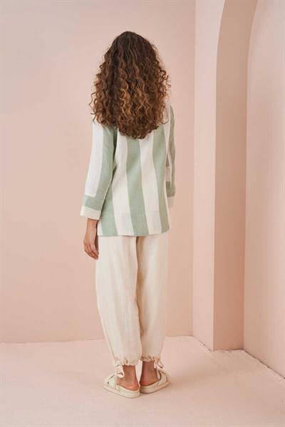 Yanları Yırtmaçlı Müslin Kalın Çizgili Tunik Yeşil
