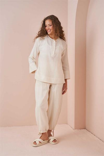 Yanları Yırtmaçlı Müslin Tunik Ekru