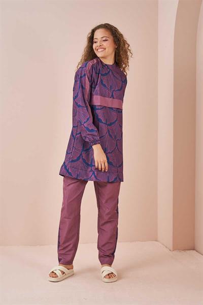 Yaprak Desen Tesettür Mayo Kısa Gül Kurusu