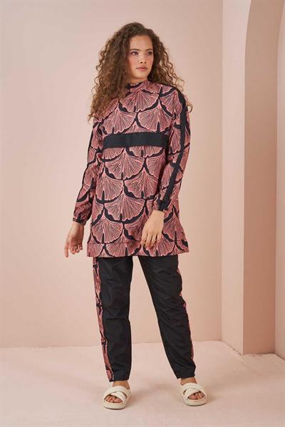 Yaprak Desen Tesettür Mayo Kısa Siyah