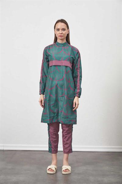 Yaprak Desen Tesettür Mayo Yeşil Uzun