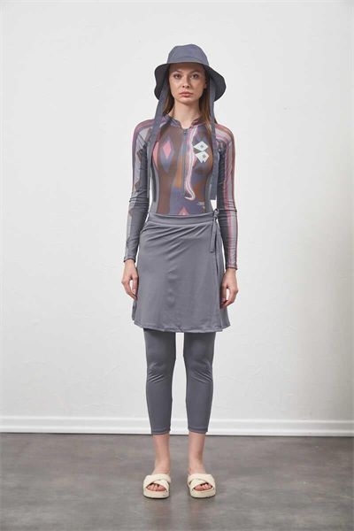 Yüzücü Mayo Tayt Etek 3 lü Etnik Tesettür Mayo Gri