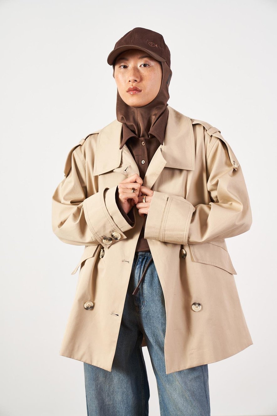 Kısa Oversize Trençkot Kum Bej